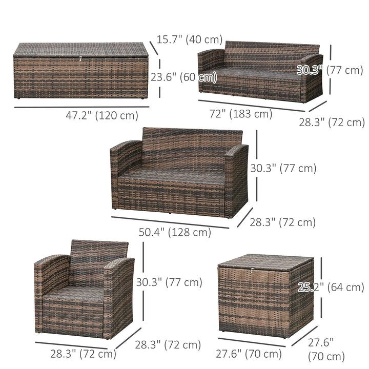 6pc 7-Seat Premium PE Rattan Wicker Conversation Outdoor Patio Set, Cushions Storage, Brown, Orange