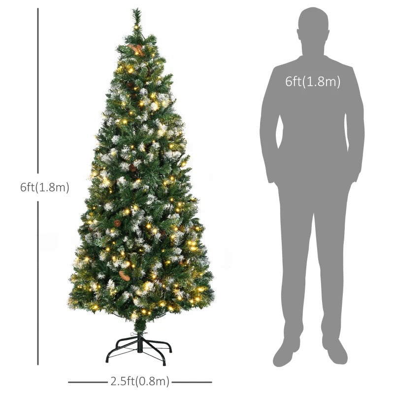 6ft 703-Tip Pre-lit Realistic Artificial Christmas Holiday Tree, Pine Cones 250 LEDs Snow Green