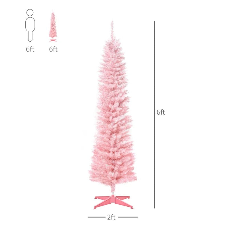 NEW 6ft 390-Tip Unlit Slim Pencil Artificial Christmas Holiday Xmas Tree Decor w Base, Lt Pink