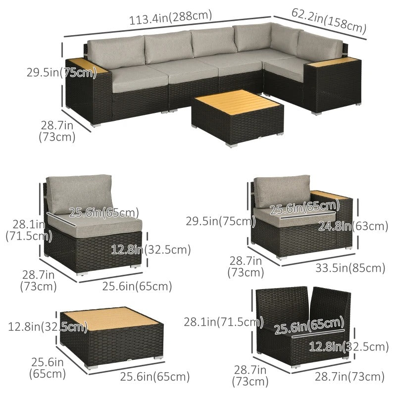 6pc Premium L-Shape PE Rattan Wicker Sectional Conversation Sofa Set Outdoor Patio, Brown, Grey