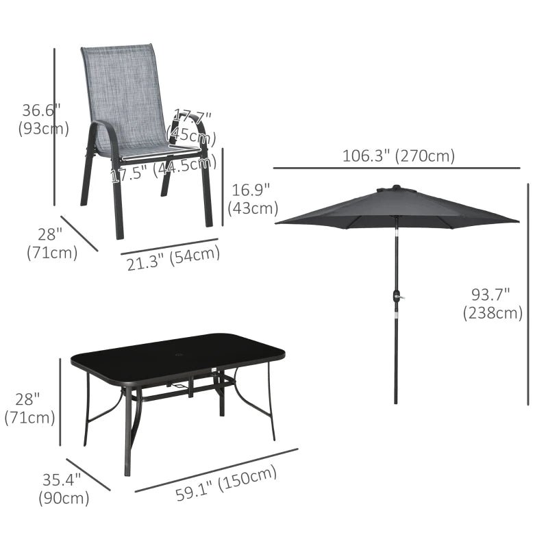 8pc Outdoor Dining Patio Set, 6 Sling Armchairs Glass Table, 8.5' Tilting Umbrella Canopy, Grey