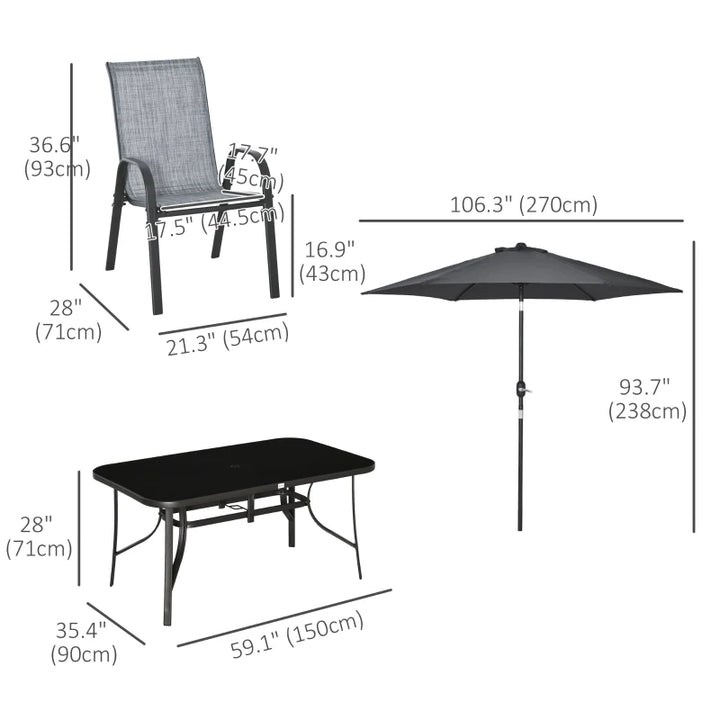 8pc Outdoor Dining Patio Set, 6 Sling Armchairs Glass Table, 8.5' Tilting Umbrella Canopy, Grey