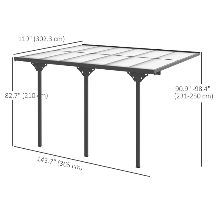 12' x 10' Wall-Mounted Adjustable Sloped Aluminum PC Hardtop Gazebo Pergola Awning Canopy, Grey