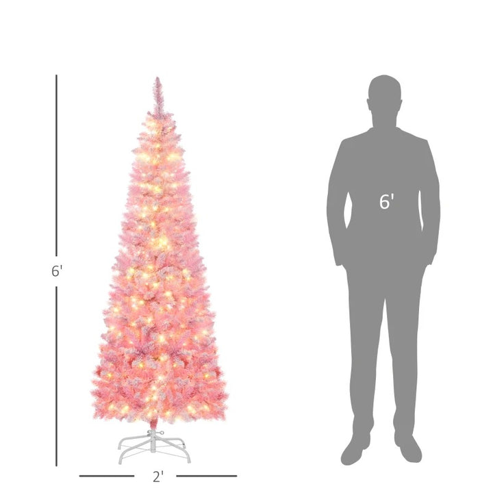6ft 500-Tip Pre-lit Lush Slim Artificial Pencil Christmas Holiday Tree w 250 LED Lights, Pink