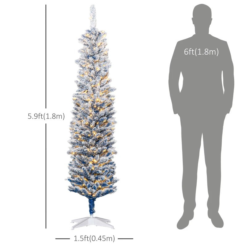 6ft 360-Tip Pre-lit Snow Flocked Artificial Pencil Christmas Holiday Tree, 200 LED Lights, Blue