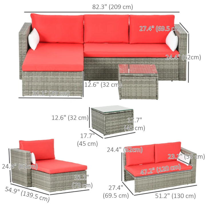 3pc Compact PE Rattan Wicker Conversation Sofa Set w Cushions for Outdoor Patio - Grey, Red