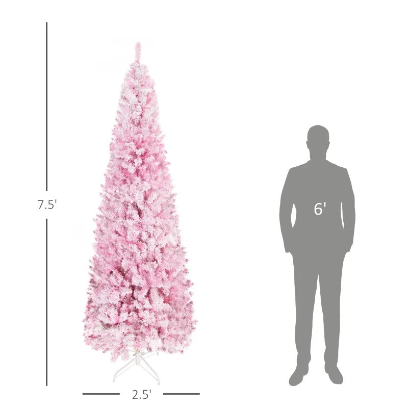 7.5ft 800-Tip Snow Flocked Unlit Artificial Pencil Christmas Holiday Tree, Xmas Decor, Pink