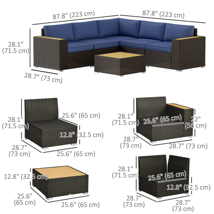 6pc 5-Seat Premium L-Shape PE Rattan Wicker Sectional Conversation Set Outdoor Patio, Brown, Blue