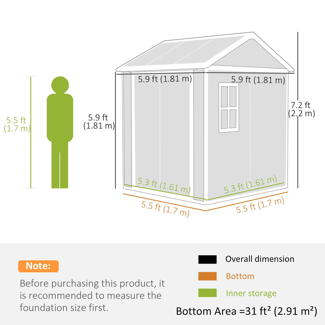 6' x 6' Resin PP Plastic Aluminum Outdoor Tool Storage Garden Shed w 2 Swing Doors, Windows, Grey