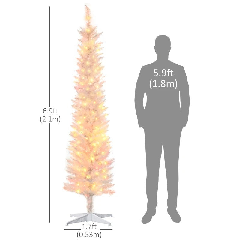 7ft Pre-lit Ultra Slim Pencil Christmas Holiday Tree w 250 Multicolour Lights, Iridescent White