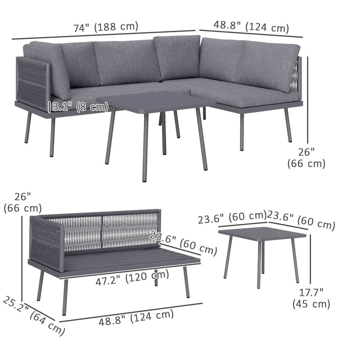 3pc, 4-Seat Steel Wicker L-Shape Sectional Conversation Love Seat Outdoor Patio Set w Table, Grey