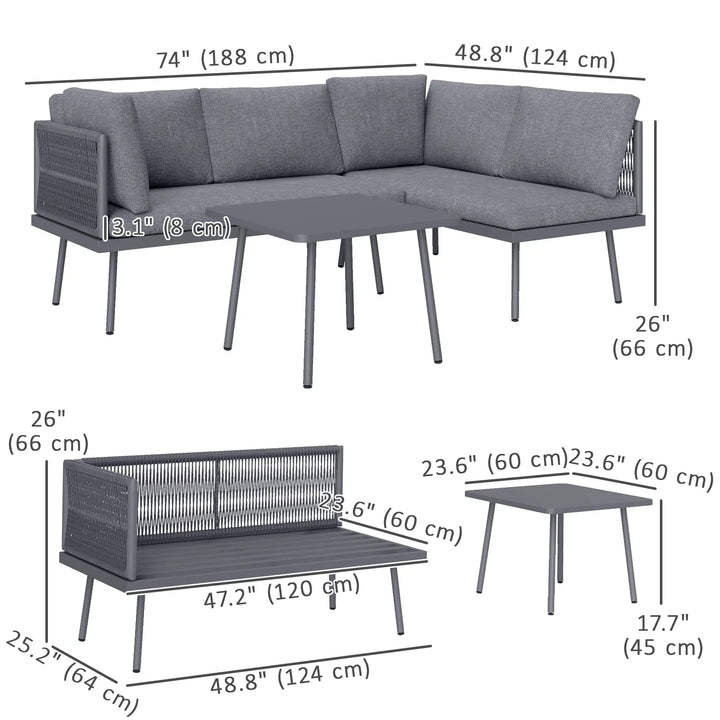 3pc, 4-Seat Steel Wicker L-Shape Sectional Conversation Love Seat Outdoor Patio Set w Table, Grey