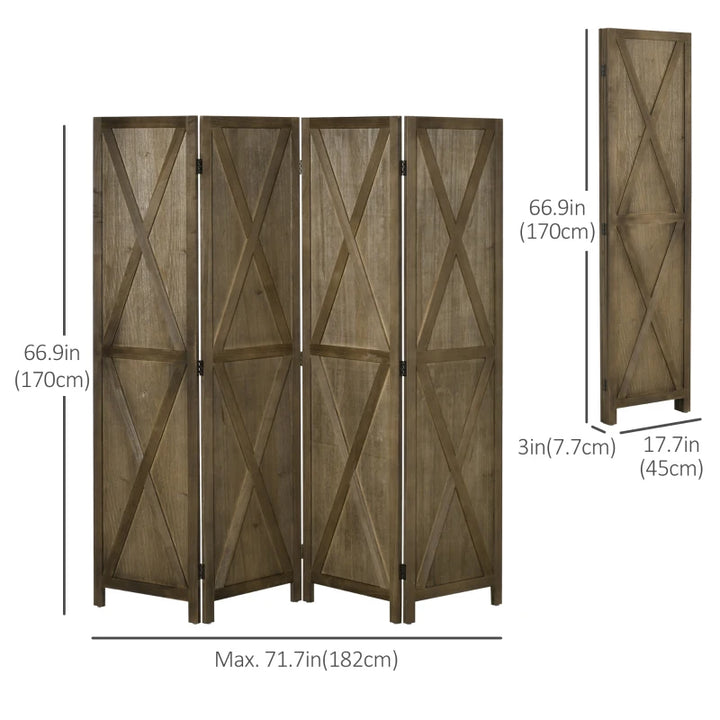 4-Panel Farmhouse Wood Room Divider Privacy Screen Partition w Barndoor Design, Rustic Brown