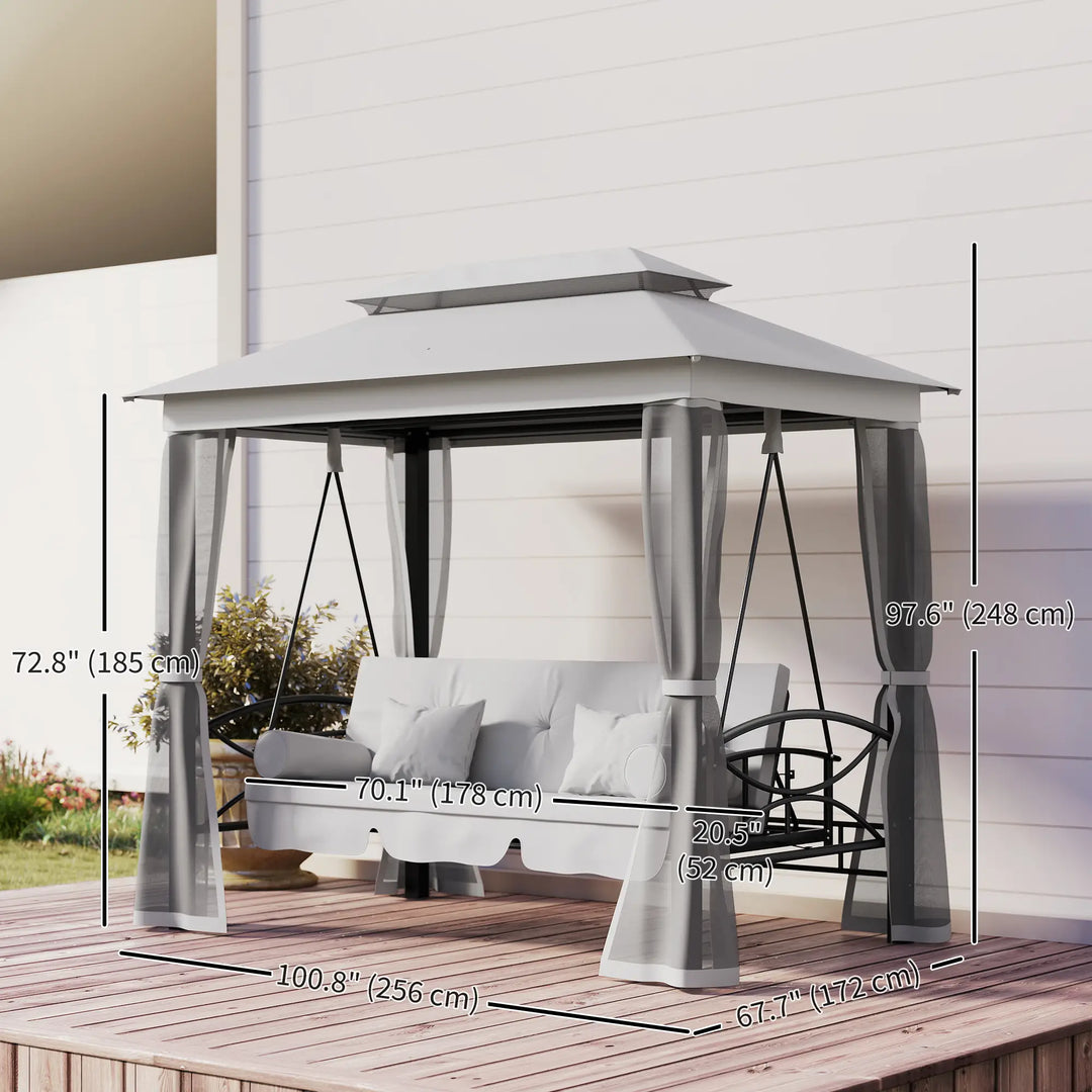 Deluxe 3-Seat Swing / Daybed w Gazebo Canopy Mesh Curtains, Cushions for Patio Garden Outdoor, Grey