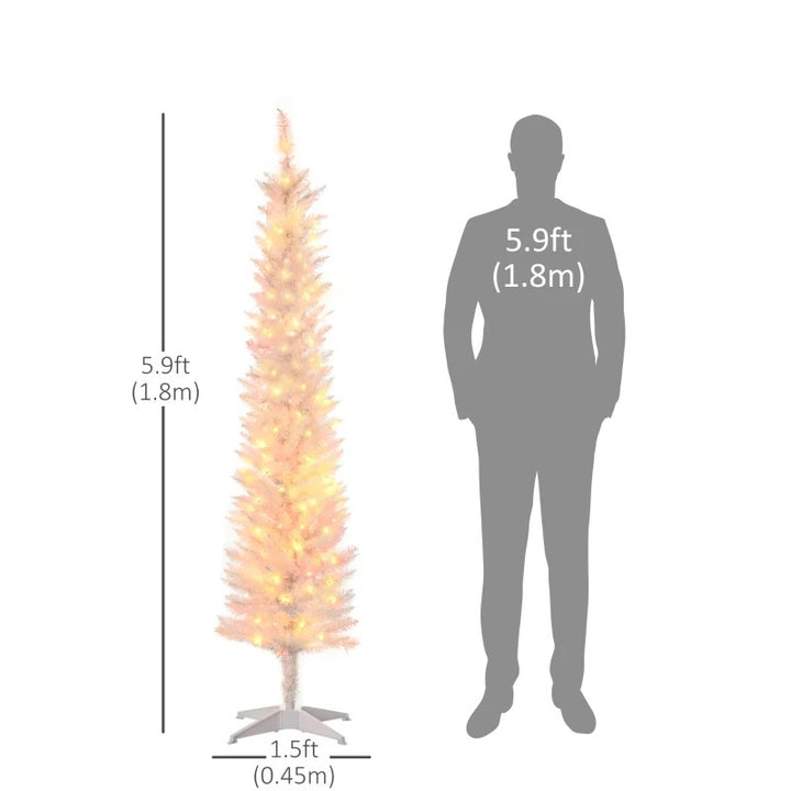 6ft Pre-lit Ultra Slim Pencil Christmas Holiday Tree w 200 Multicolour Lights, Iridescent White
