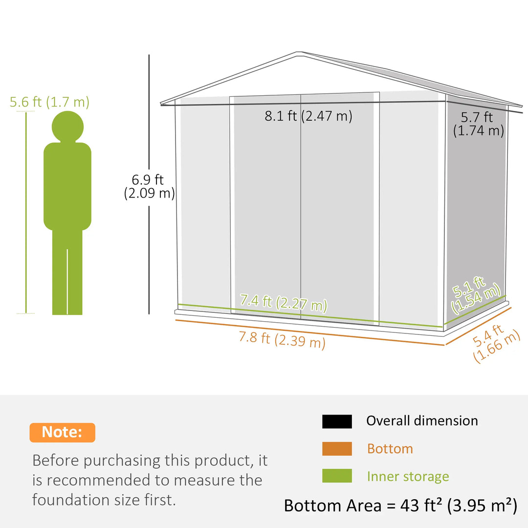 8' x 6' Galv Steel Metal Outdoor Bike Tool Storage Utility Garden Shed, Swing Doors, Windows, Grey