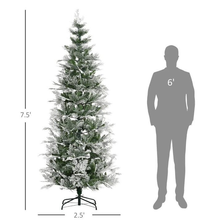 7.5ft 880-Tip Unlit Frosted Realistic Christmas Holiday Xmas Tree, Cypress Branches, Snow Green