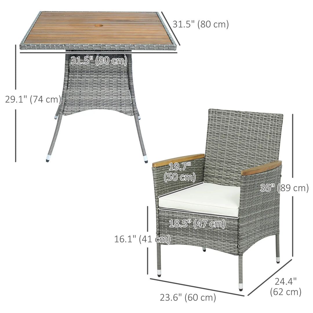 5pc Square PE Rattan Wicker Outdoor Dining Table Patio Set w 4 Chairs, Wood Top, Parasol Hole, Grey
