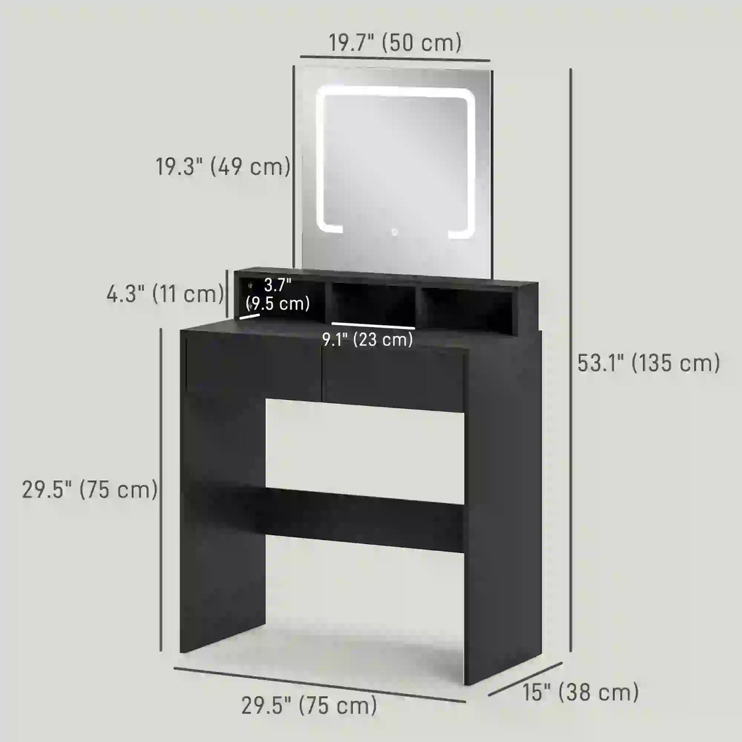Compact Illuminated Vanity Makeup Dressing Bedroom Table w Square LED Mirror, Drawers, Black