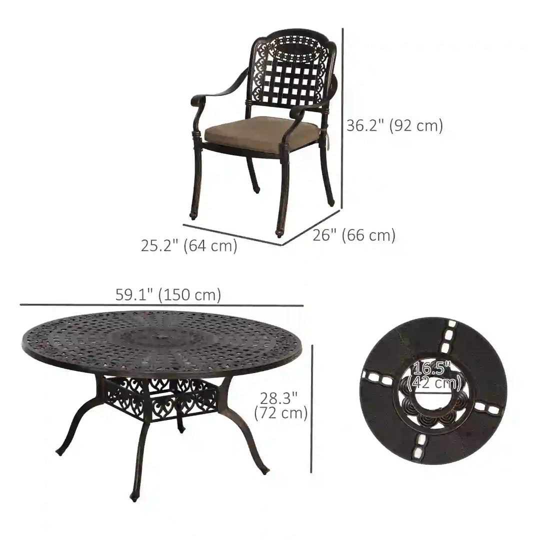 7pc Cast Aluminum Round Dining Table Set w 6 Chairs, Cushions, Outdoor Patio, Bronze Brown, Beige