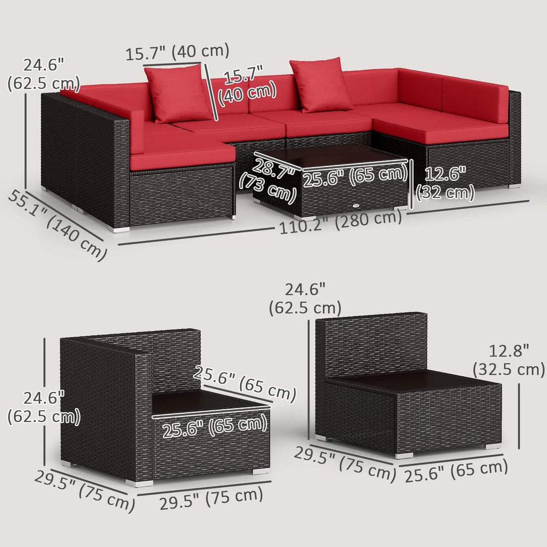 7pc 6-Seat Rattan Wicker Sectional Conversation Sofa Set w Cushions Outdoor Patio, Wine Red, Brown