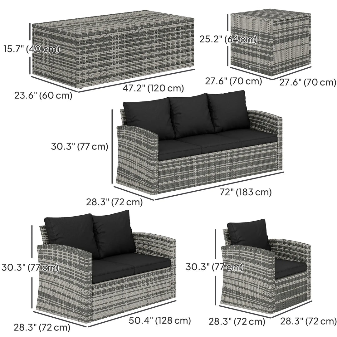 6pc 7-Seat Premium PE Rattan Wicker Conversation Outdoor Patio Set, Cushions & Storage, Grey, Black