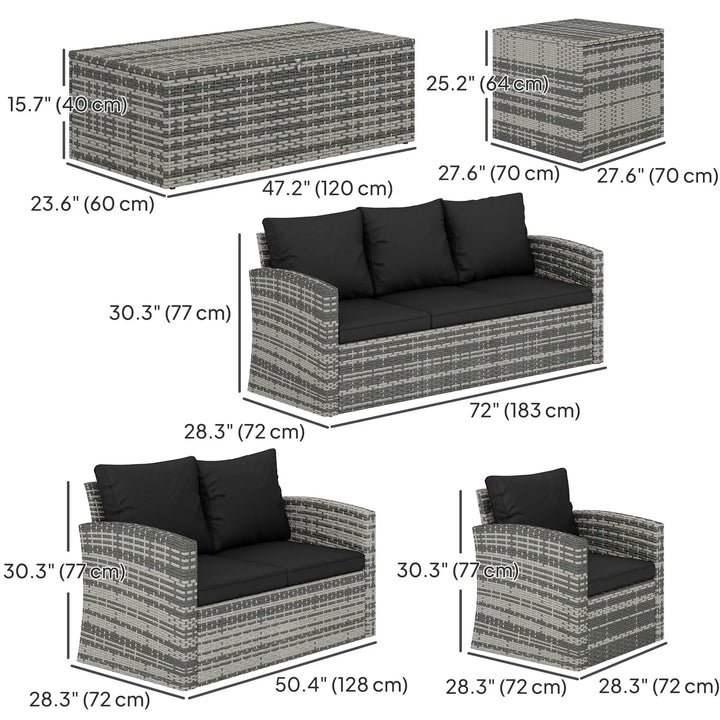6pc 7-Seat Premium PE Rattan Wicker Conversation Outdoor Patio Set, Cushions & Storage, Grey, Black