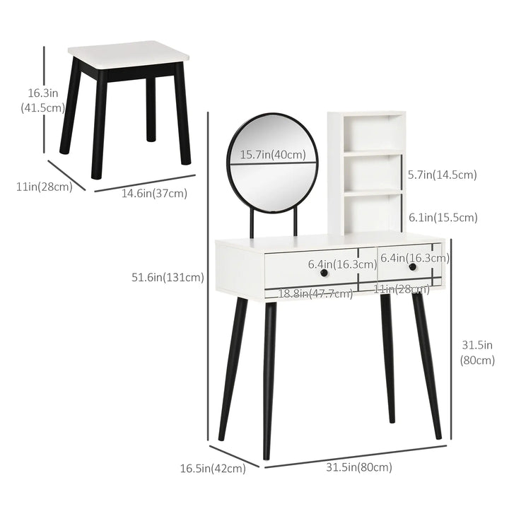 Chic Vanity Makeup Bedroom Dressing Table w Mirror, Stool, Drawers, Open Shelves, White & Black