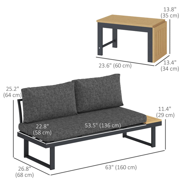 3pc Modular Aluminum Sectional Conversation Love Seat Sofa Set w Cushions Table Outdoor Patio, Grey