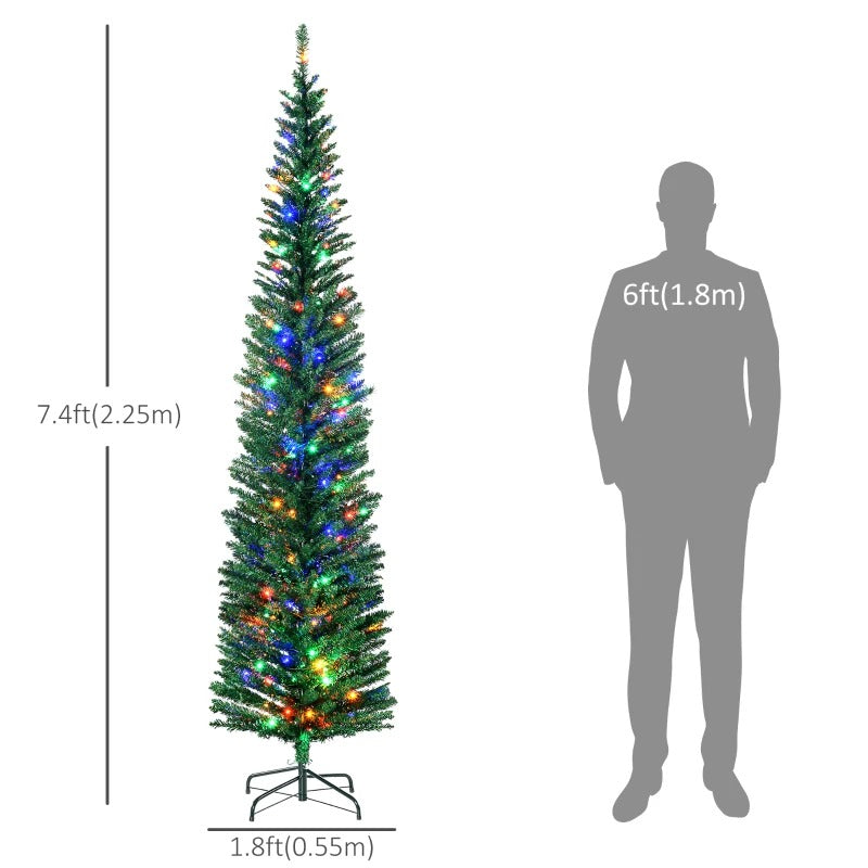 7.5ft Pre-lit Ultra Slim Pencil Faux Christmas Holiday Tree w 200 Multicolour LED Lights, Green