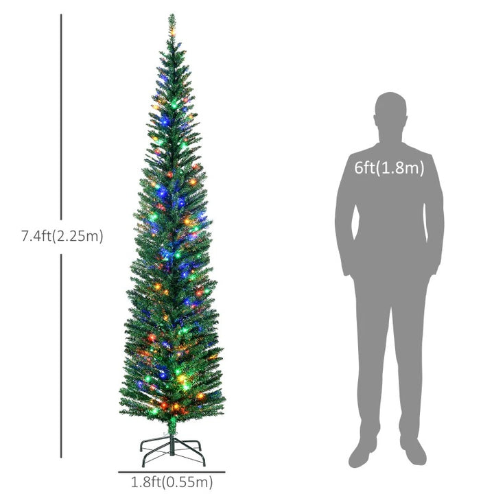 7.5ft Pre-lit Ultra Slim Pencil Faux Christmas Holiday Tree w 200 Multicolour LED Lights, Green
