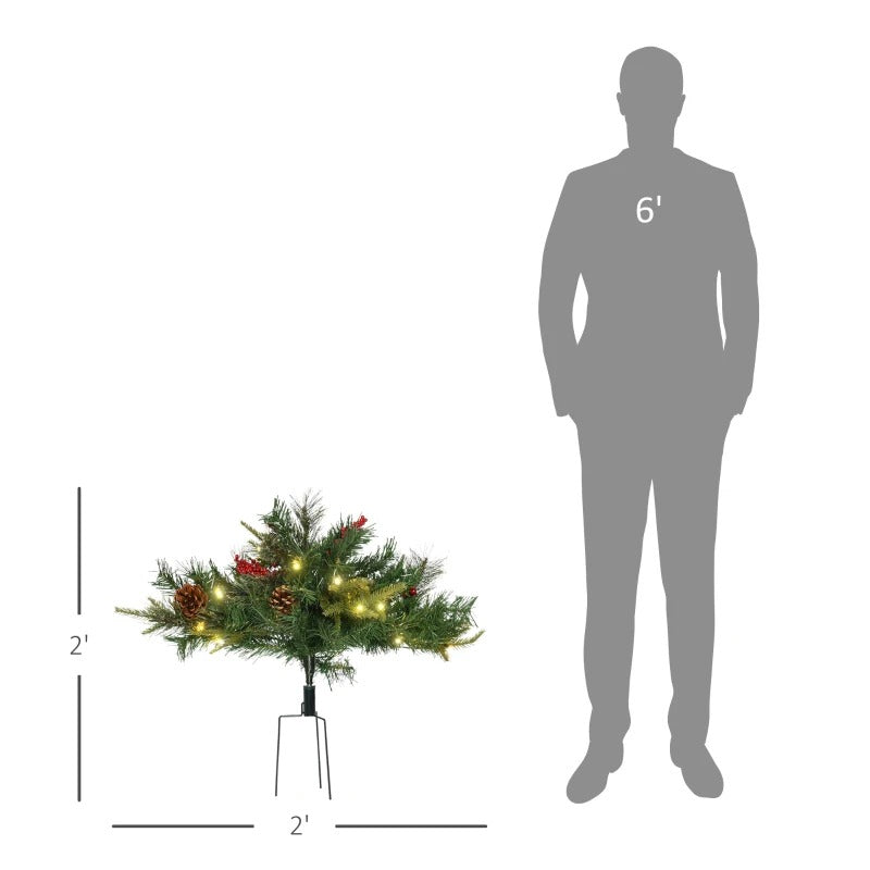 2pc 1.5ft Pre-lit Artificial Christmas Holiday Tree Planter Bush w/ Pinecones, Berries - Green