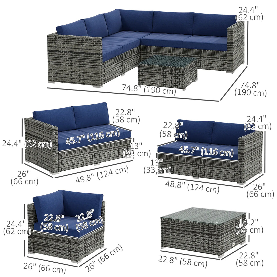 4pc L-Shape PE Rattan Wicker Corner Sectional Outdoor Patio Furniture Set, Cushions, Navy Blue Grey