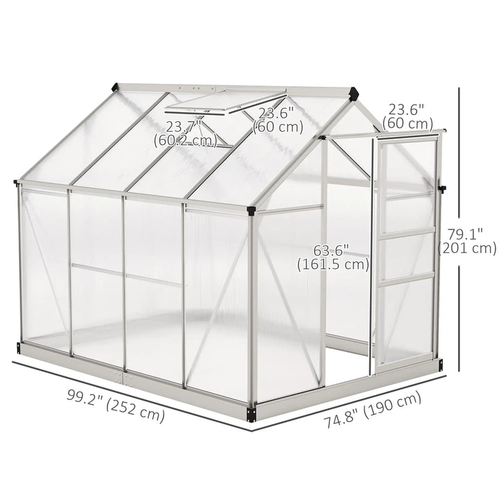 8' x 6' x 6.6' Walk-in Aluminum PC Hard Sided Greenhouse w Foundation for Outdoor Plants Gardening
