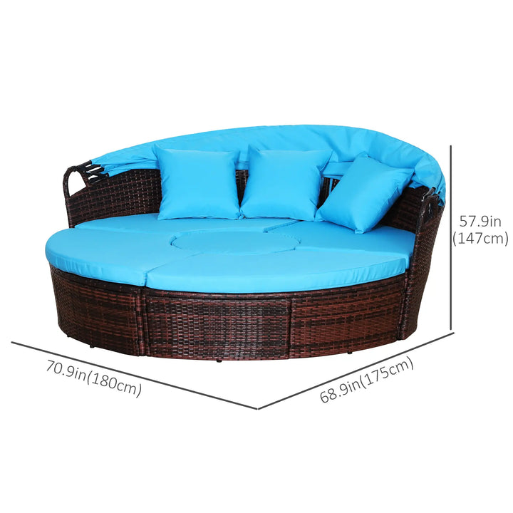 4pc Rattan Wicker Round Canopy Daybed Lounge Outdoor Patio Sofa Set w Cushions, Brown, Aqua Lt Blue