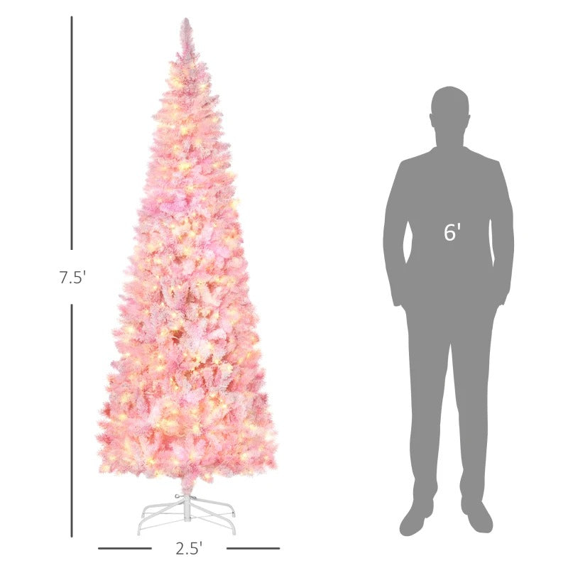 7.5ft 700-Tip Pre-lit Lush Slim Artificial Pencil Christmas Holiday Tree w 350 LED Lights, Pink