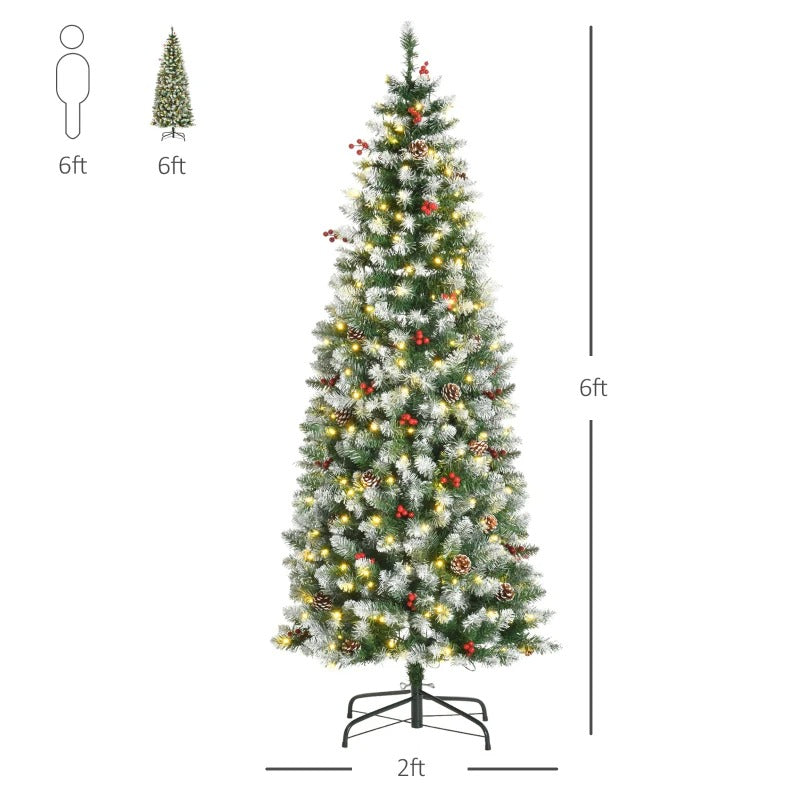 NEW 6ft 618-Tip Pre-lit Snow Tipped Artificial Pencil Christmas Holiday Tree w 300 LED Lights Green