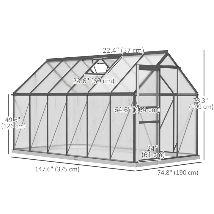 12' x 6' x 6.5' Walk-in Grey Aluminum PC Hard Side Greenhouse w Foundation Outdoor Plants Gardening