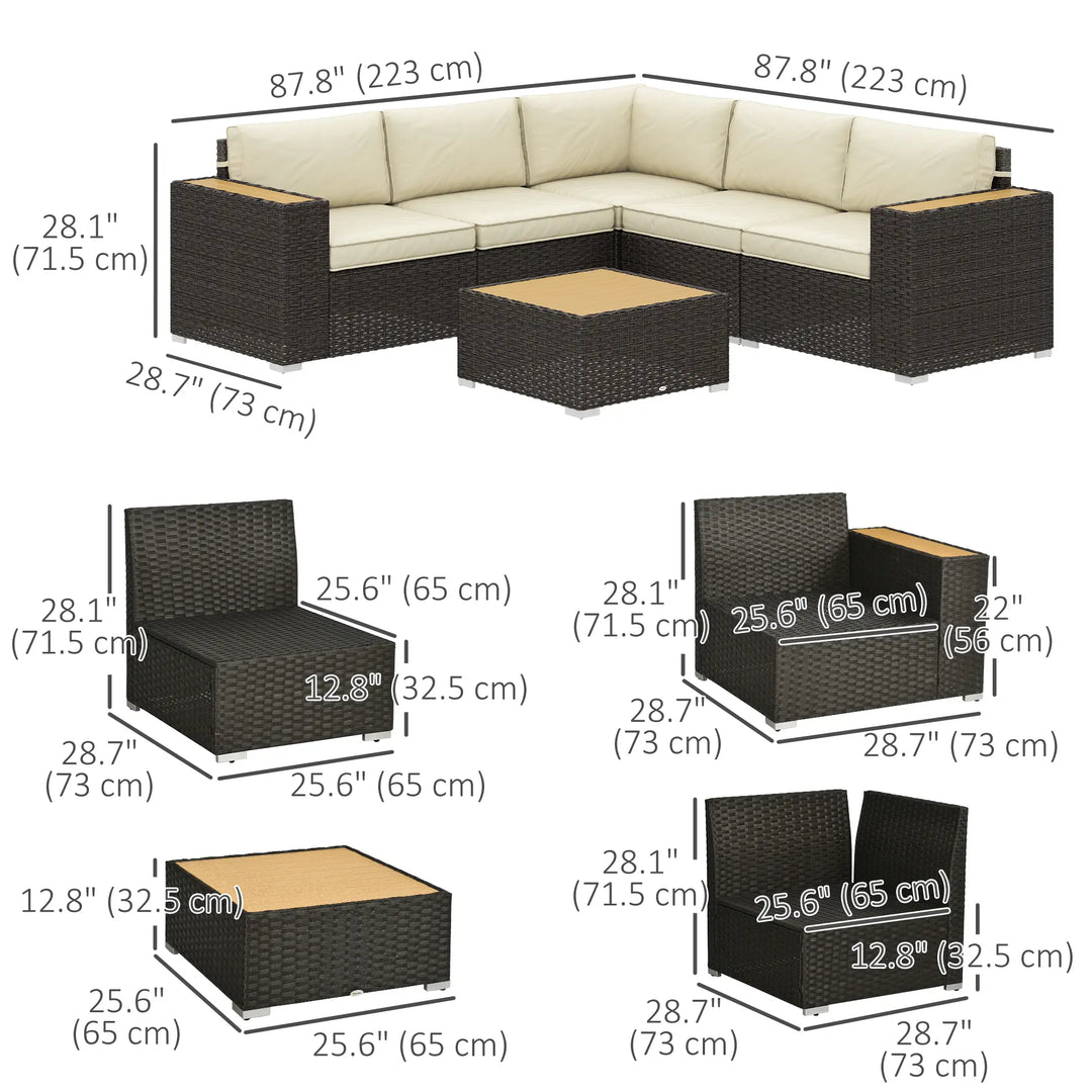 6pc 5-Seat Premium L-Shape PE Rattan Wicker Sectional Conversation Patio Set, Brown, Cream Beige