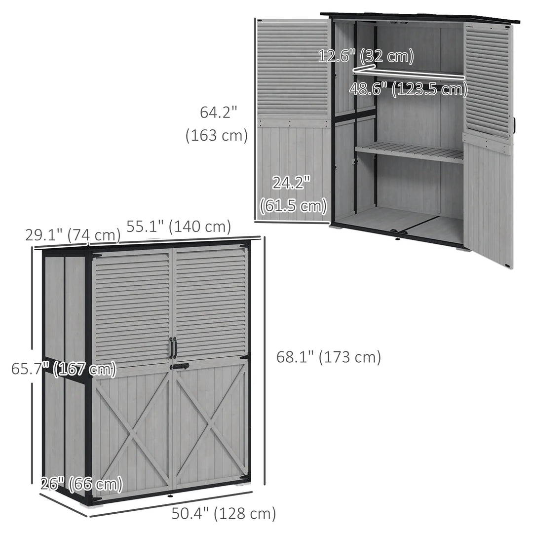 55"L x 29"W x 63"H Outdoor Storage Shed Cabinet w Shelves, Asphalt Roof, 2 Doors, Fir Wood, Grey