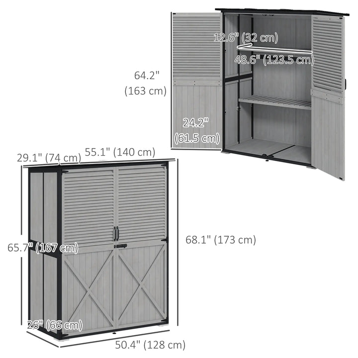 55"L x 29"W x 63"H Outdoor Storage Shed Cabinet w Shelves, Asphalt Roof, 2 Doors, Fir Wood, Grey