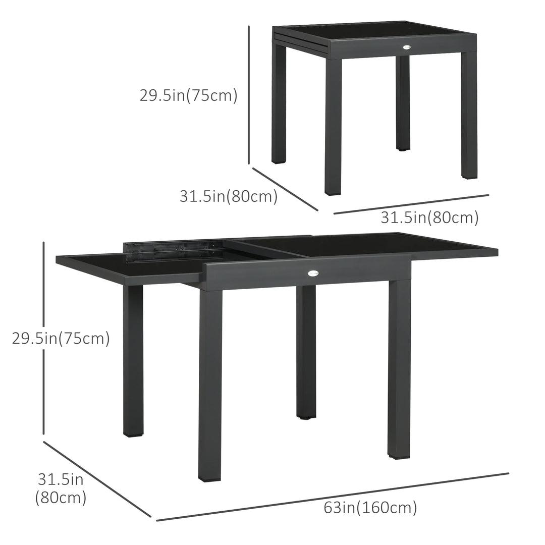 31-63" Extendable Space-Saving Aluminum Outdoor Dining Patio Table w Black Glass Top for 4-6, Black