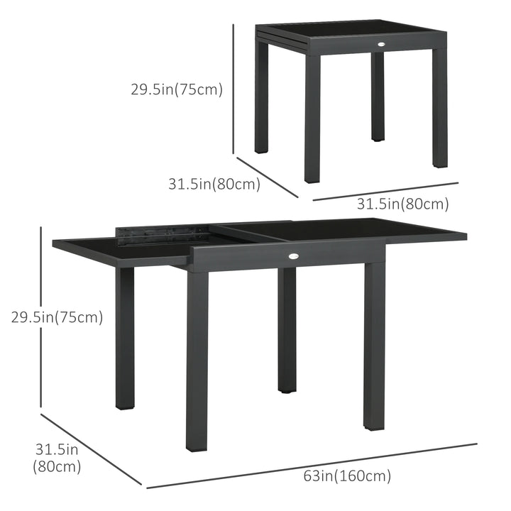 31-63" Extendable Space-Saving Aluminum Outdoor Dining Patio Table w Black Glass Top for 4-6, Black