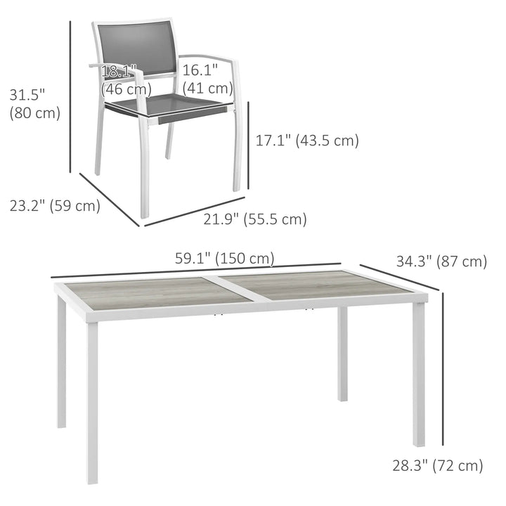7pc, 6-Seat Steel Outdoor Patio Dining Set w Composite Tabletop, 6 Stackable Chairs, White, Grey