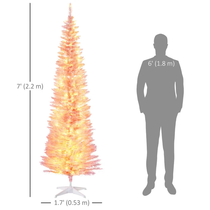 7ft 499-Tip Prelit Slim Pencil Artificial Christmas Holiday Tree, 200 Warm Lights, Xmas Pink