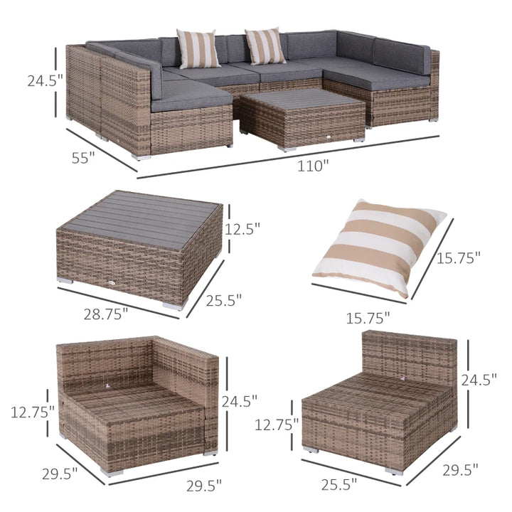 7pc PE Rattan Wicker Sectional Conversation Furniture Set w Cushions Outdoor Patio - Mixed Grey