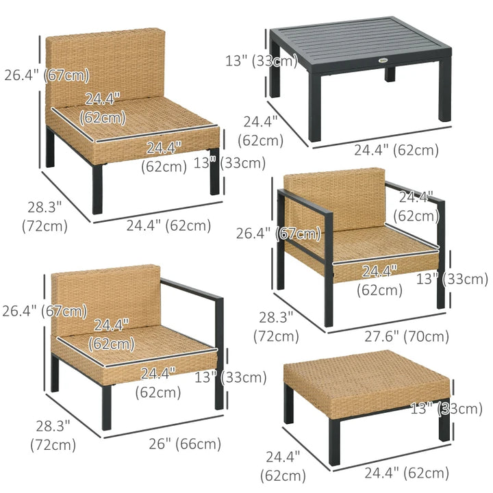 6pc Steel PE Rattan Wicker Outdoor Conversation Metal Sofa Patio Set w Cushions - Beige, Grey