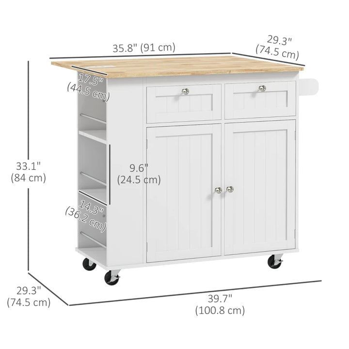 Electric Kitchen Island Cart w Power & USB Port, Drop-leaf Countertop w Wheels, Wood Top, White