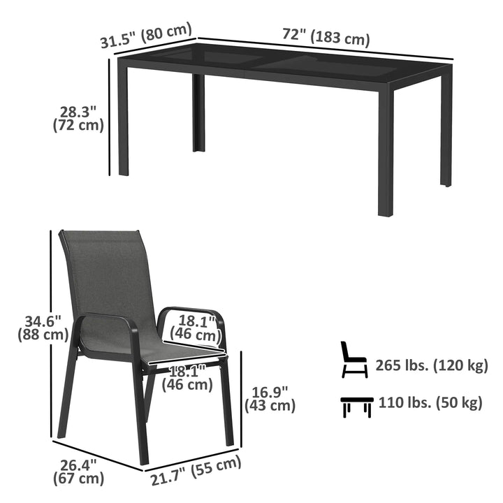 9pc 8-Seat Steel Outdoor Dining Set w Glass Tabletop, 8 Stackable Chairs, Garden Patio, Black, Grey