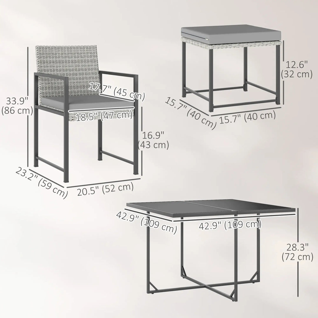 9pc 8 Seat Compact PE Rattan Wicker Dining Table Set w Ottomans, Cushions for Outdoor Patio - Grey